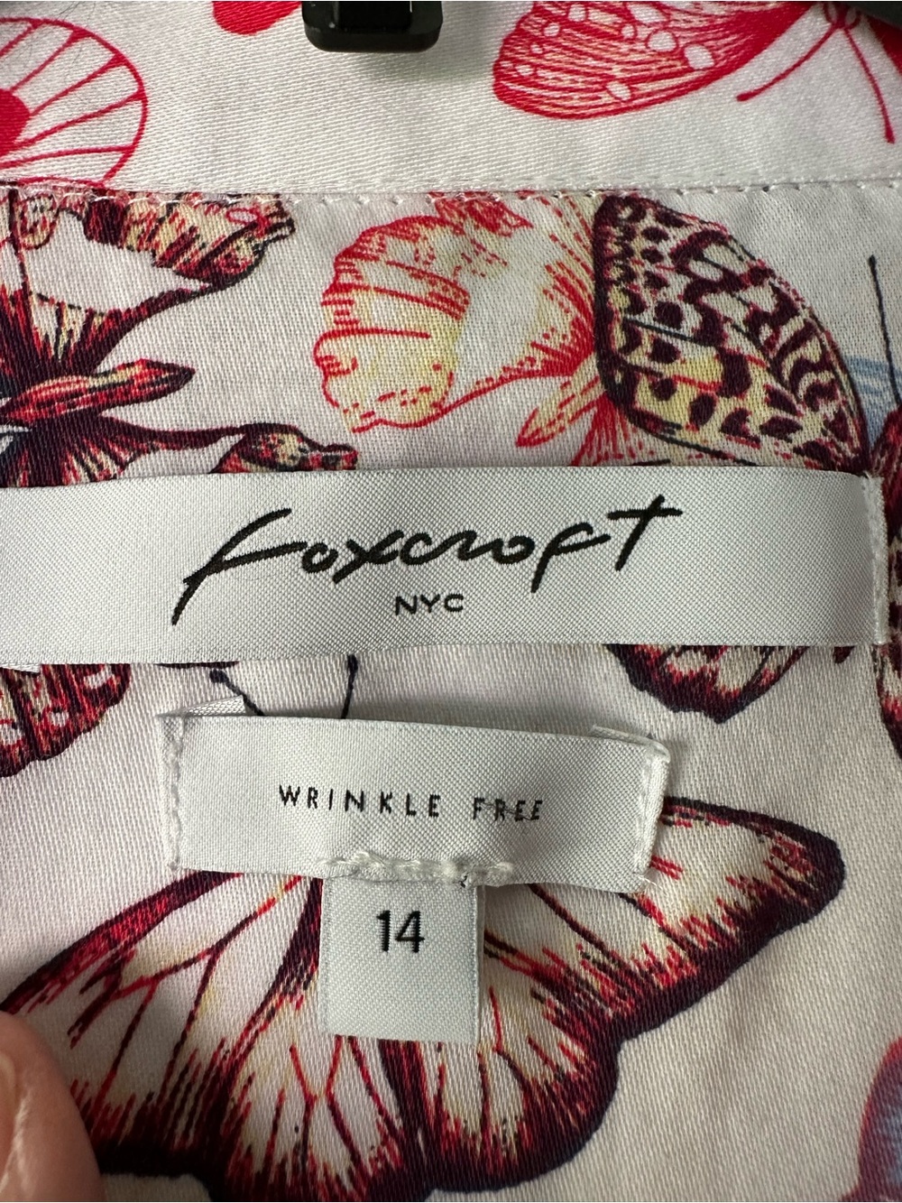 🦋 Foxcroft NYC Butterfly Print Shirt Size 14 White 100% Cotton Wrinkle Free - Picture 4 of 10